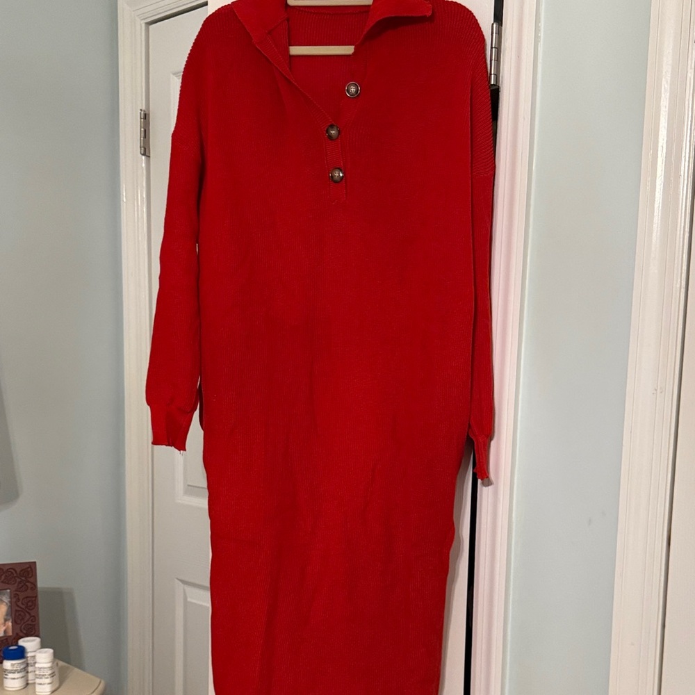 Red Button-Up Sweater Dress